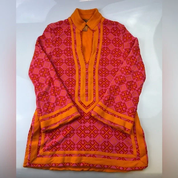 Tory Burch Orange/Pink Tunic Caftan Beach Resort Swim Cover Up N233-38 - Picture 3 of 9